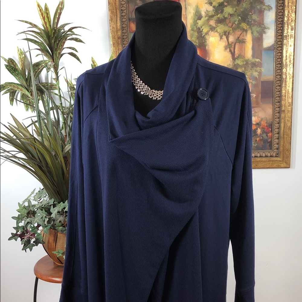 Chico’s Synergy Navy Women's Wrap Cadigan Blue Long Sleeve One Button Lagenlook - Picture 11 of 16